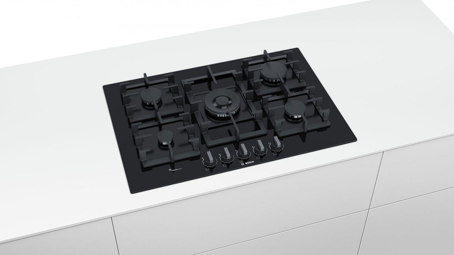 75cm Gas Hob FlameSelect, Tempered Black Glass | PPQ7A6B90